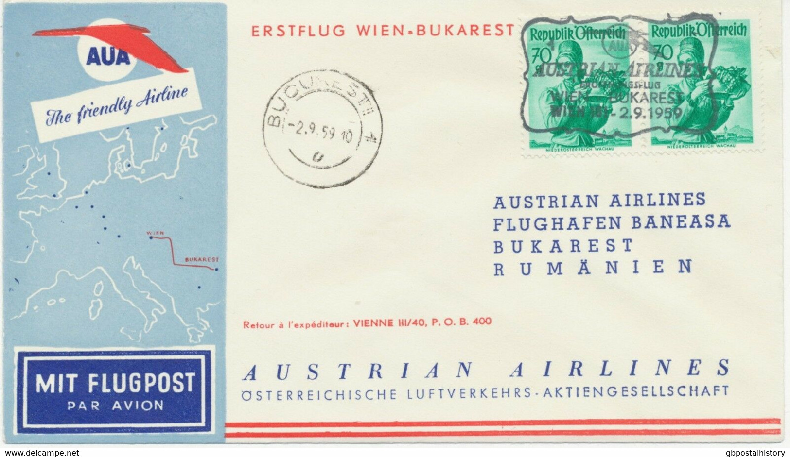 ÖSTERREICH AUA ERSTFLUG 1959 WIEN – BUKAREST, Rumänien (Stempel-Nr. 1), AUA SST - Premiers Vols