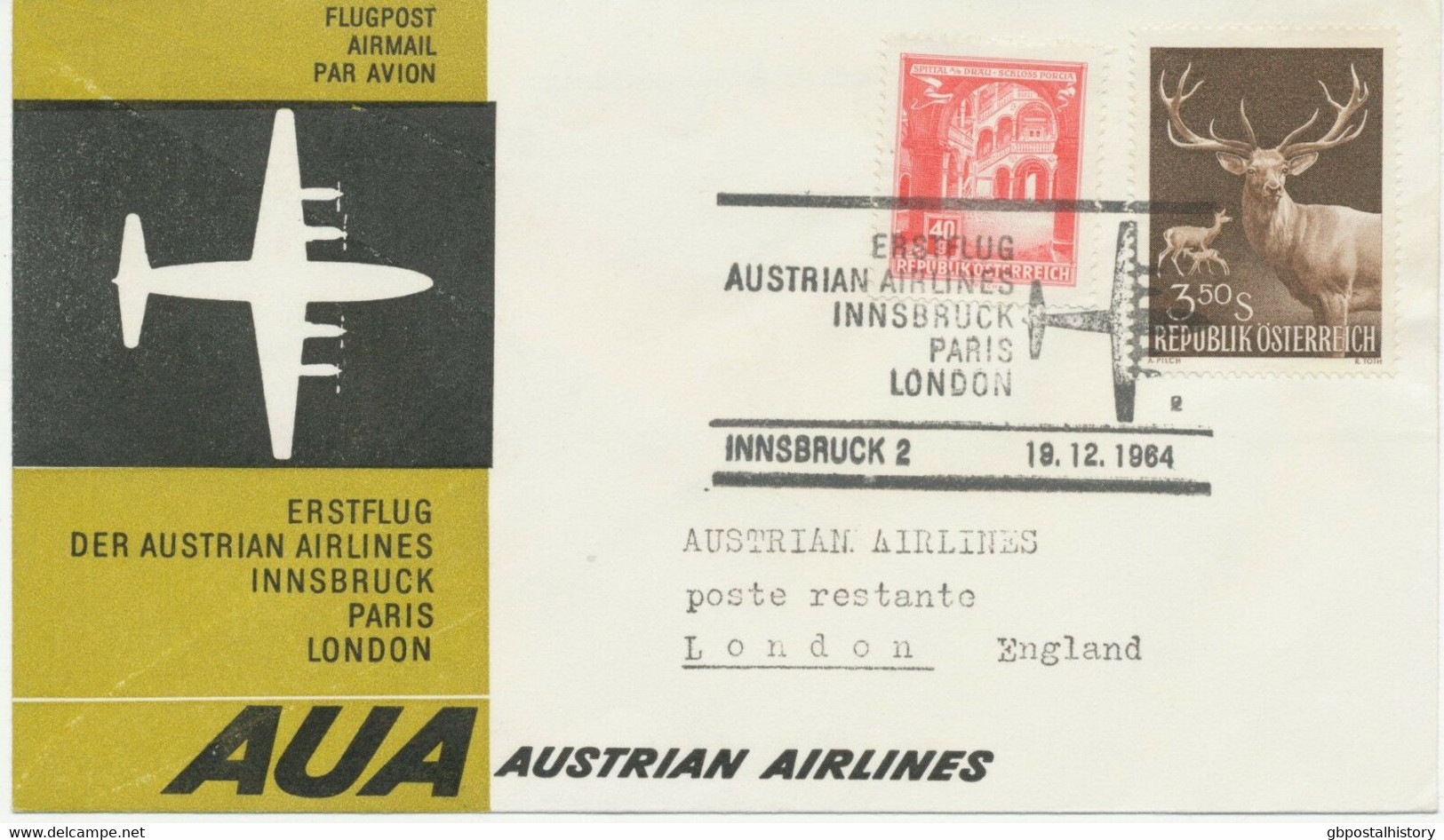 ÖSTERREICH AUA ERSTFLUG 1964 INNSBRUCK – LONDON (Stempel Nr. 2) - First Flight Covers