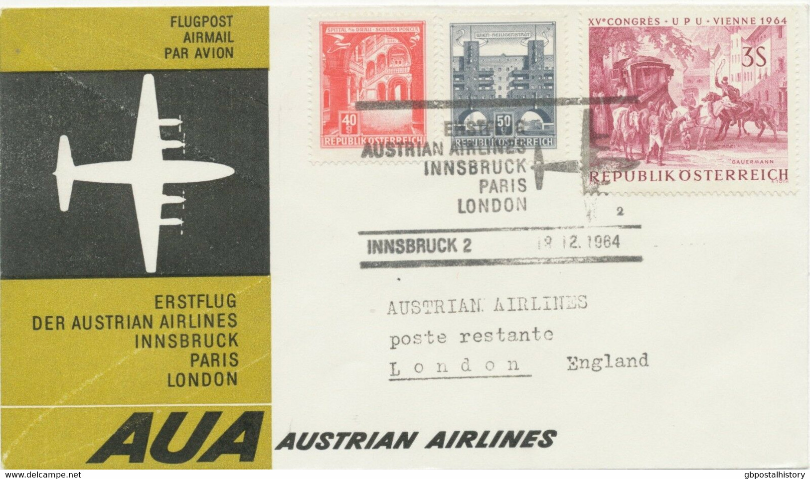 ÖSTERREICH AUA ERSTFLUG 1964 INNSBRUCK – LONDON (Stempel Nr. 2) - First Flight Covers