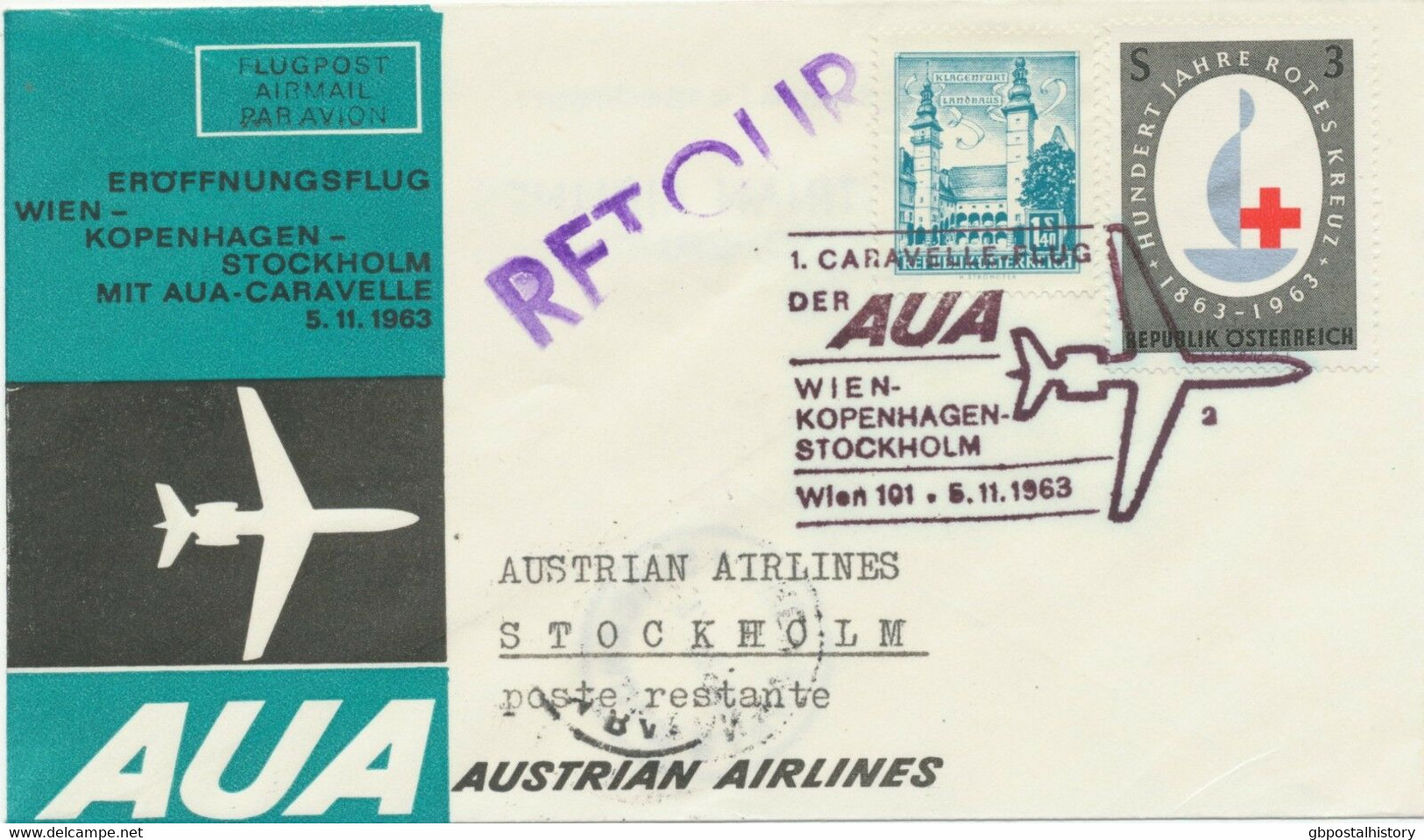 ÖSTERREICH AUA ERSTFLUG CARAVELLE 1963 WIEN - STOCKHOLM (Stempel Nr. 2) - Erst- U. Sonderflugbriefe