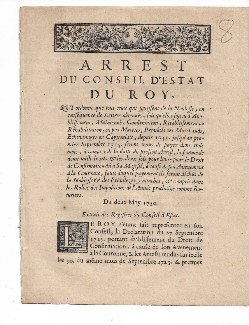 Arrest Du Conseil D'état Du Roy 1716:  ...tous Ceux Qui Jouissent De La Noblesse.... - Decretos & Leyes