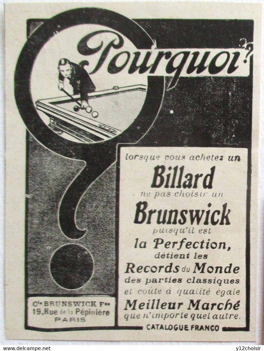 PUB 1914 BILLARD BRUNSWICK RECORD DU MONDE RUE DE LA PEPINIERE PARIS BILLARDS - Biljart