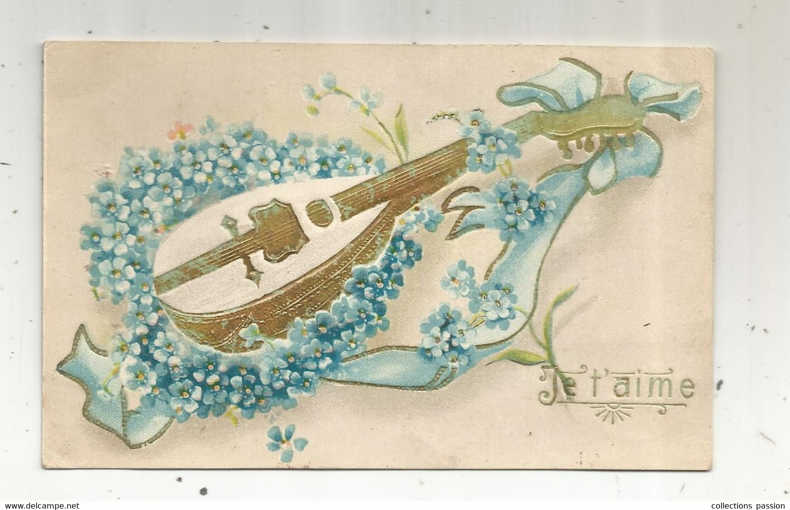 Cp , Fleurs ,instrument De Musique,JE T'AIME ,gaufrée ,voyagée 1907 ,union Postale Universelle - Fleurs