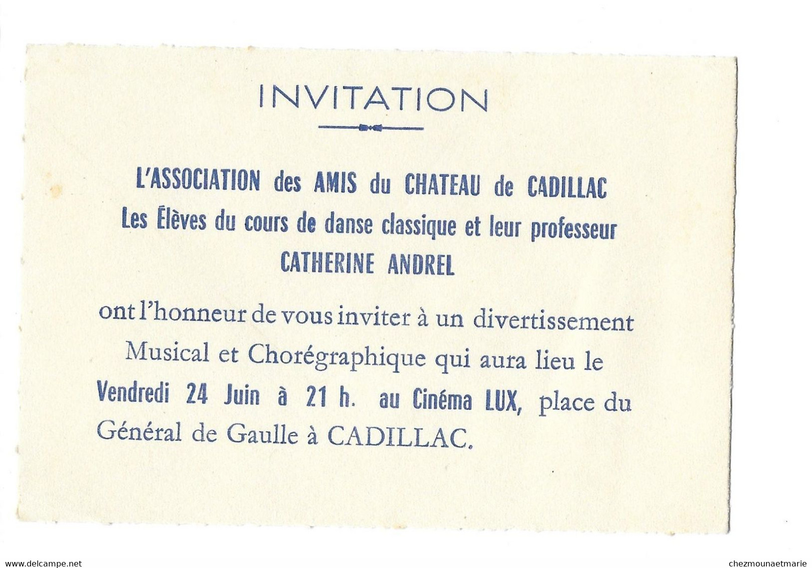 CADILLAC INVITATION A UN CONCERT AU CINEMA LUX - ASSOC DU CHATEAU, PROFESSEUR ANDREL - Andere & Zonder Classificatie