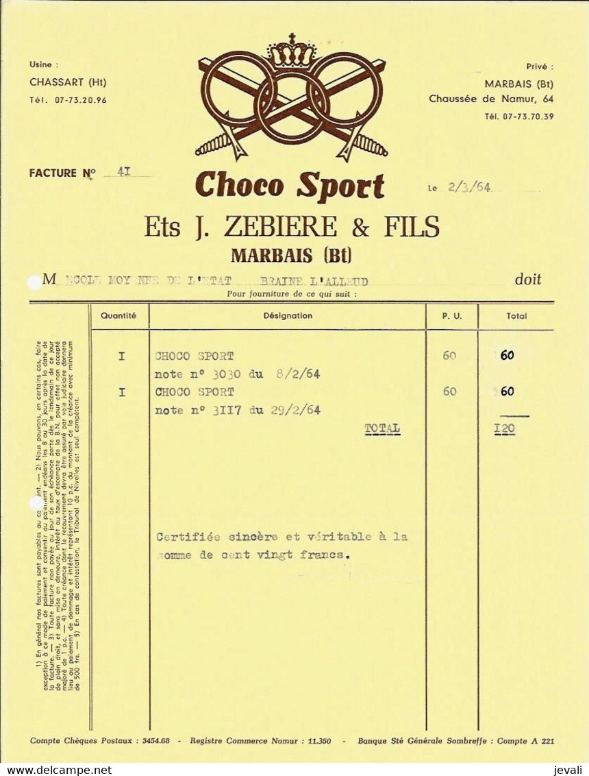 MARBAIS  -   Ets J.Zebiere Et Fils  ( CHOCO SPORT ).  1964 - Lebensmittel