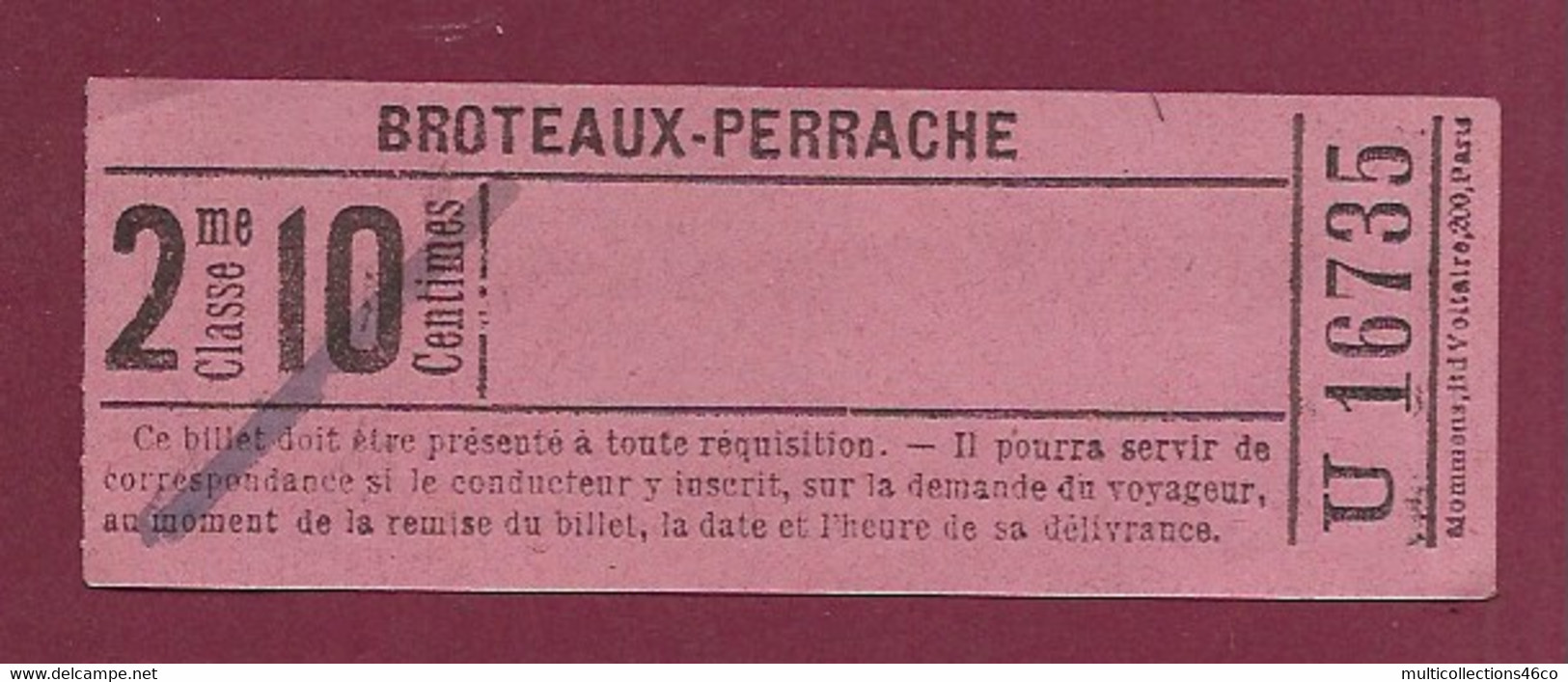 140221 - TICKET CHEMIN DE FER TRAM METRO TRAIN - LYON 6e - U02258 BROTEAUX BROTTEAUX PERRACHE U16735 2me CLASSE 10 Cmes - Europe