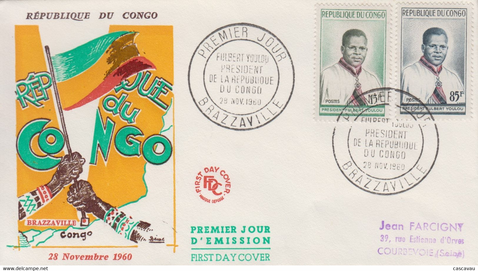 Enveloppe  FDC  1er  Jour   CONGO     Abbé  Fulbert  YOULOU    Président  De  La   République     1960 - FDC