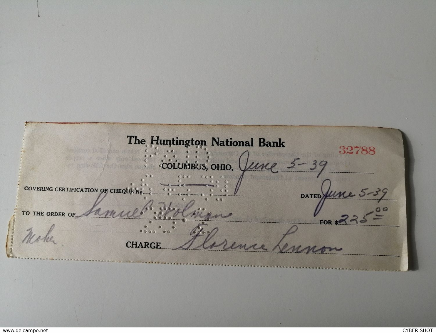 CHEQUE / CHECK : THE HUNTINGTON NATIONAL BANK OF COLUMBUS 1939 - Autres - Amérique