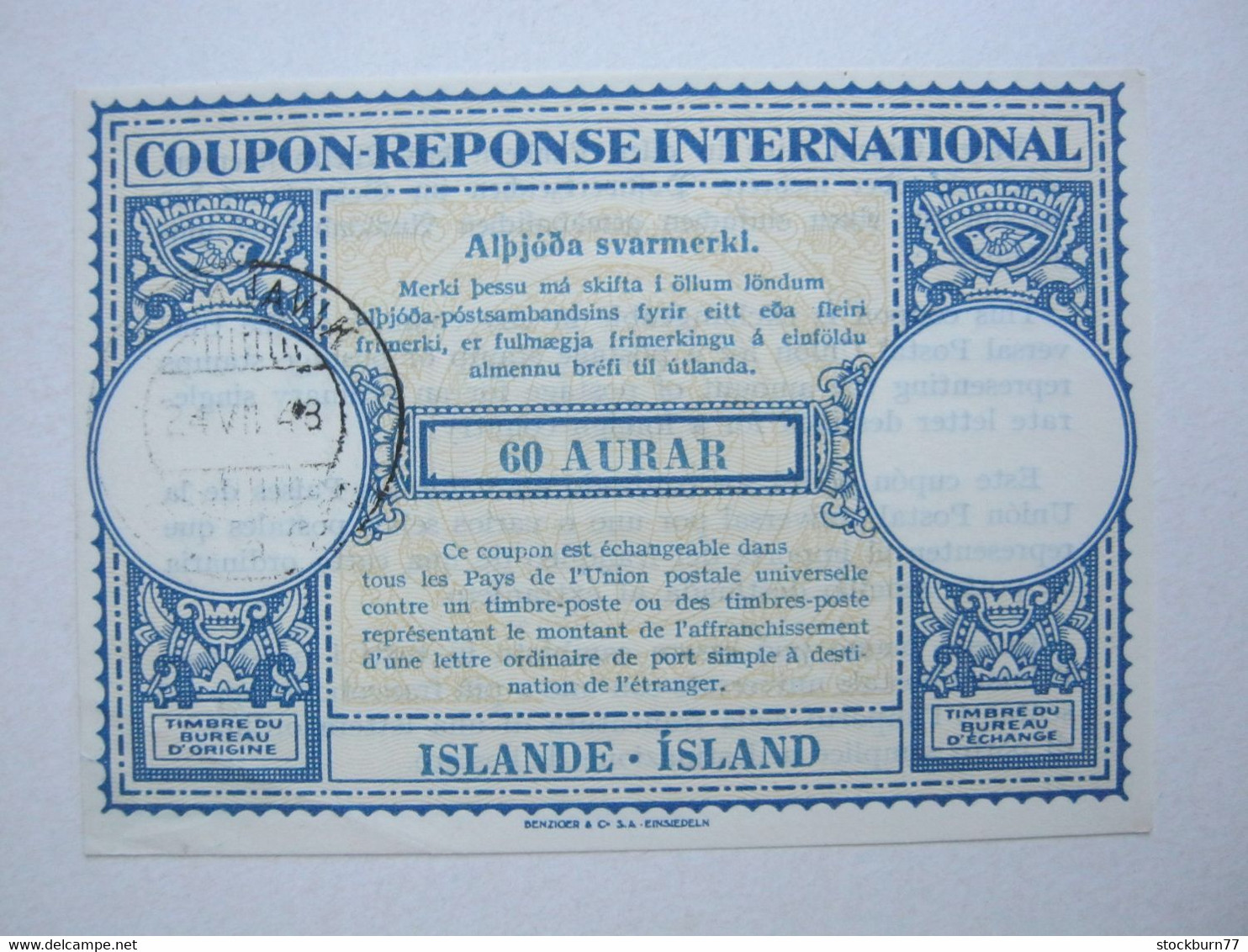 ISLAND , IAS , Antwortschein Gebraucht 1948 - Cartas & Documentos