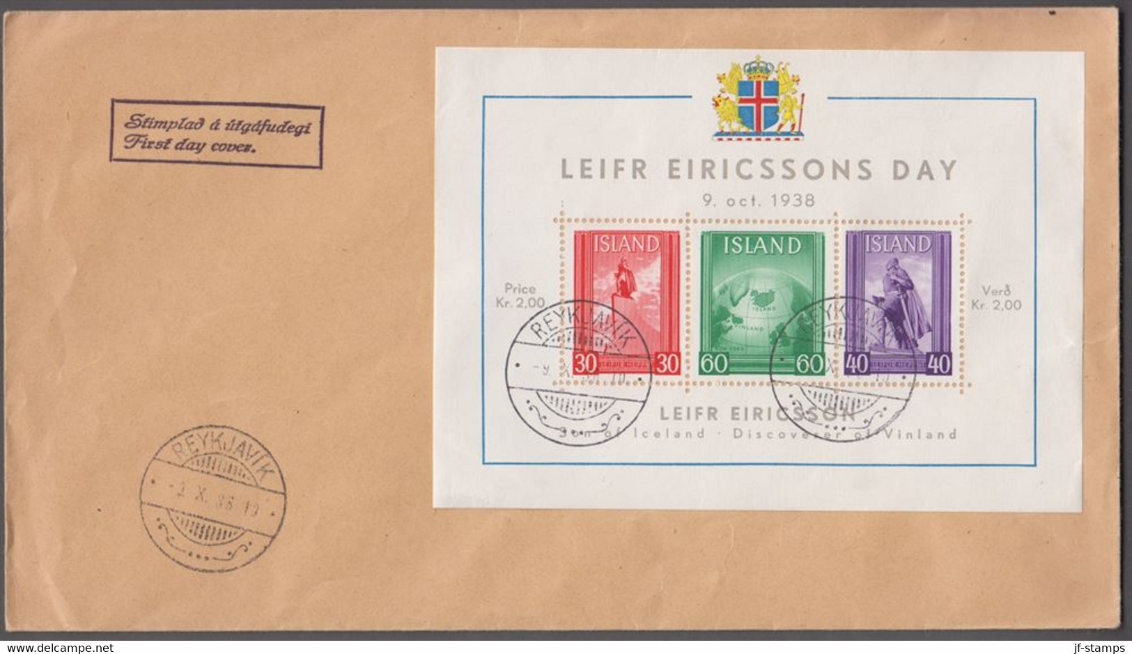 1938. Leif-Eriksson. BLOCK With 30+60+40. FDC REYKJAVIK -9.10.38. (Michel BLOCK 2) - JF414823 - Lettres & Documents