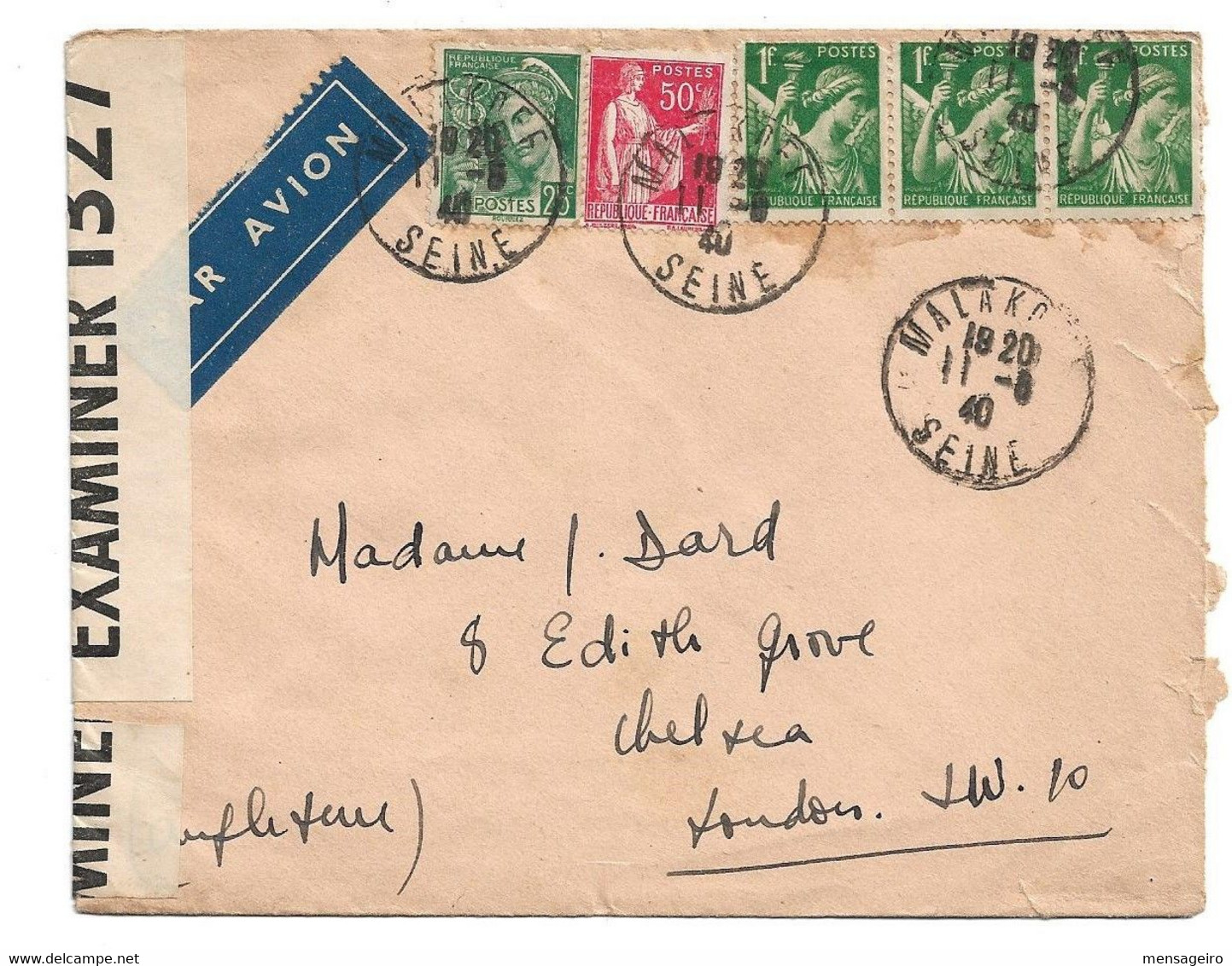 (C14) - Y&T N°283+411+432 - LETTRE AVION CENSUREE MALAKOFF => UK 1940 TARIF 1-20 GRS DU 03/11/1939 - Storia Postale