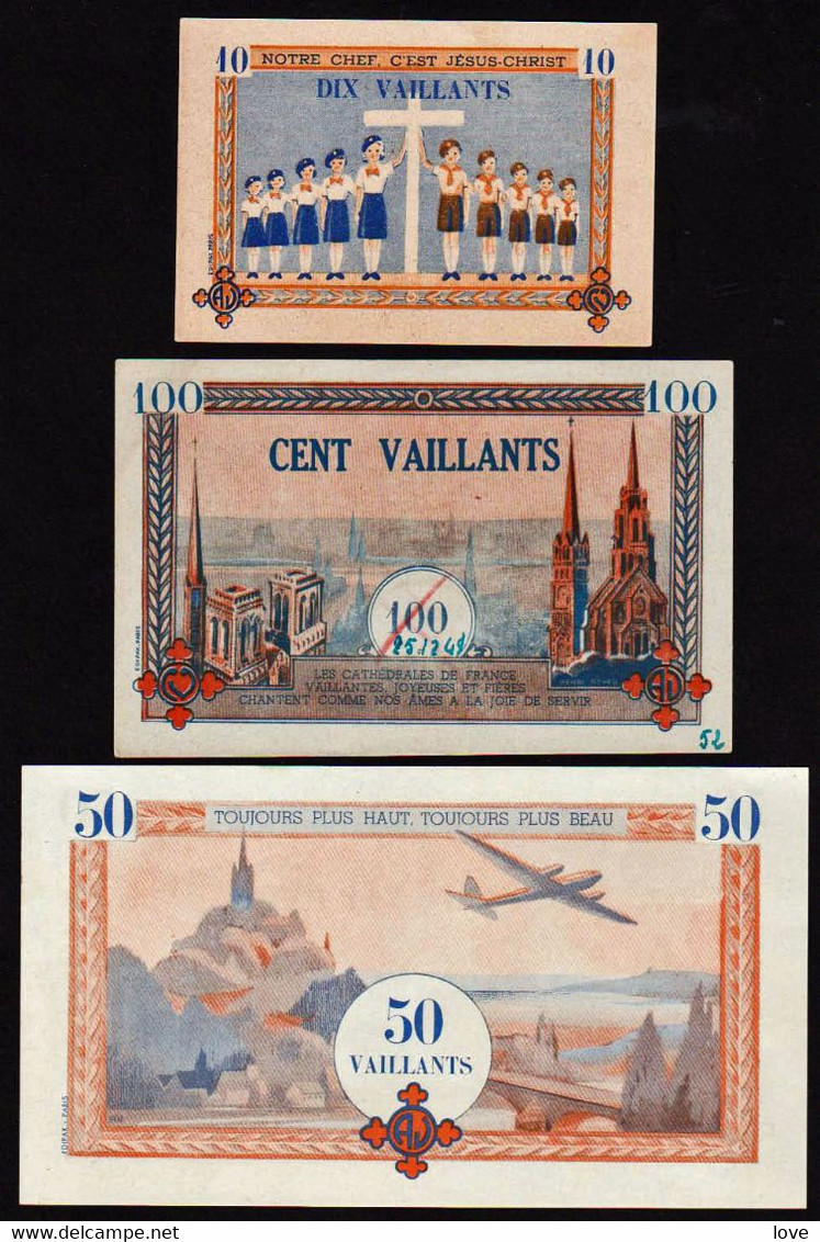 FRANCE Bons De Nécessité: RARE Lot De 3 Billets Des Coeurs Vaillants: 10, 50, 100 Vaillants. Noël 1948 Pour ..... - Notgeld