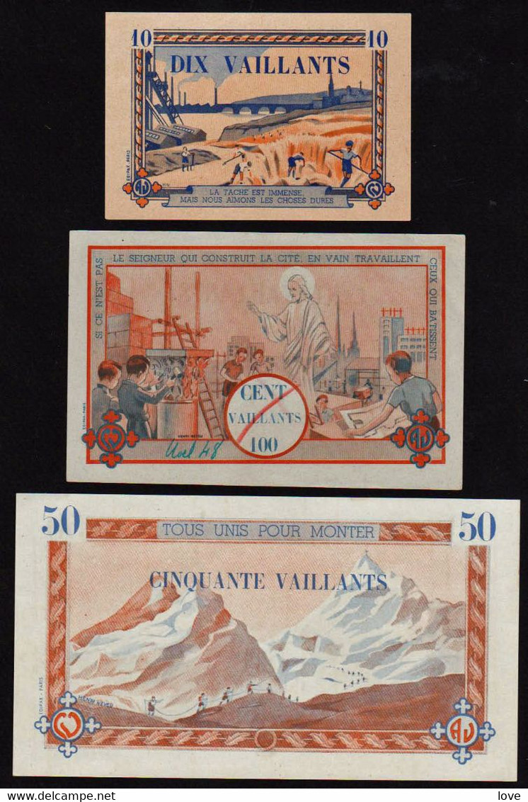 FRANCE Bons De Nécessité: RARE Lot De 3 Billets Des Coeurs Vaillants: 10, 50, 100 Vaillants. Noël 1948 Pour ..... - Notgeld