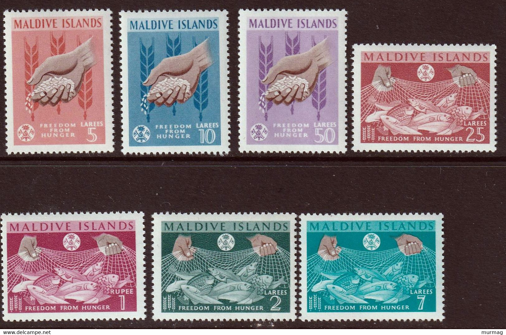 ILES MALDIVE - Lutte Contre La Faim, Agriculture, Pêche, Blé, Mains - Y&T N° 117-123 - MNH - 1963 - Maldives (1965-...)