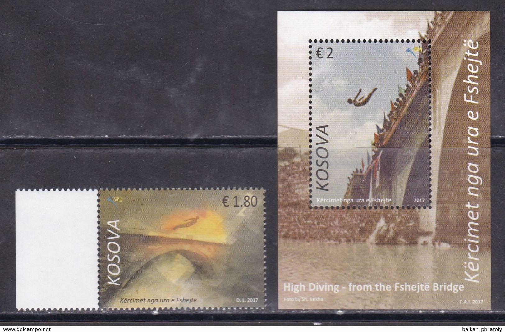 Kosovo 2017 High Diving From The Fshejte Bridges Rivers Flags Water Sports Stamp + Souvenir Sheet MNH - Plongée