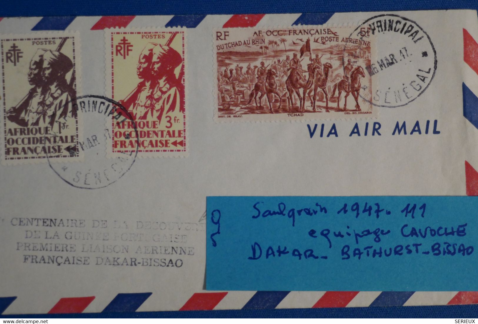 K17 AOF SENEGAL BELLE LETTRE ASSEZ RARE 1947 PREMIER VOL DAKAR POUR BISSAU GUINEE PORTUGAISE PAR  + AFFRANCH INTERESSANT - Aéreo