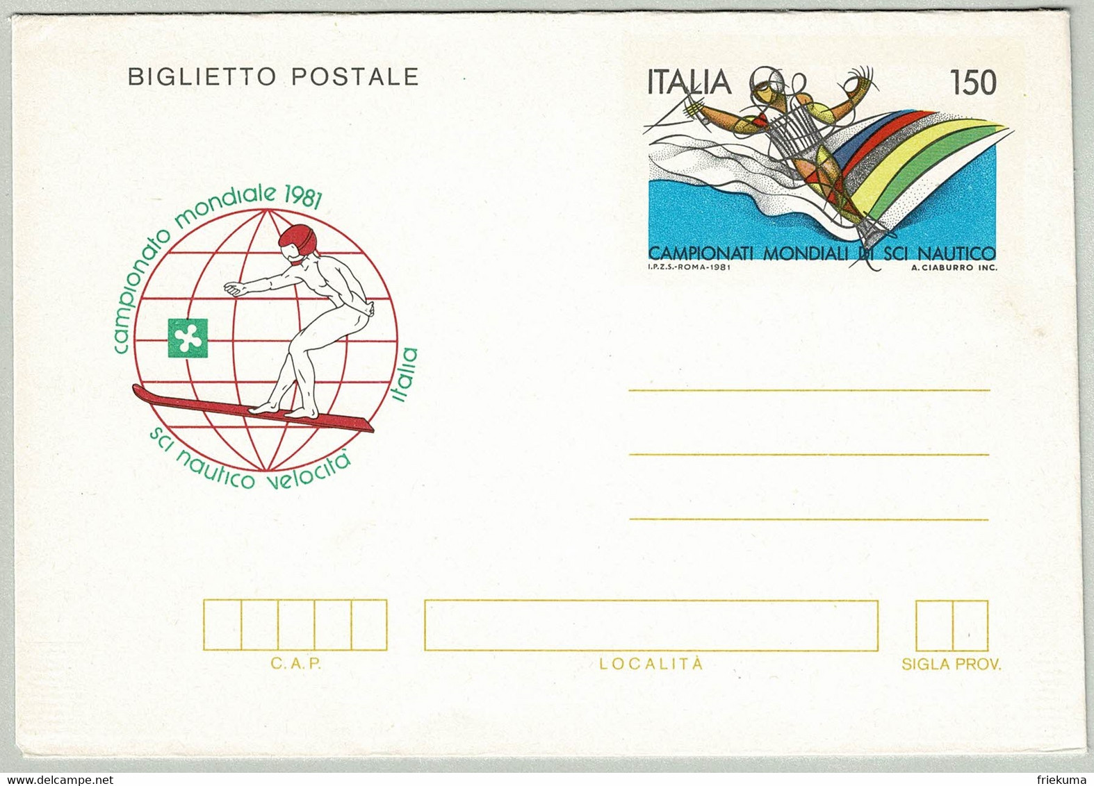 Italien / Italia 1981, Ganzsachenumschlag Campionati Mondiali Di Sci Nautico - Wasserski