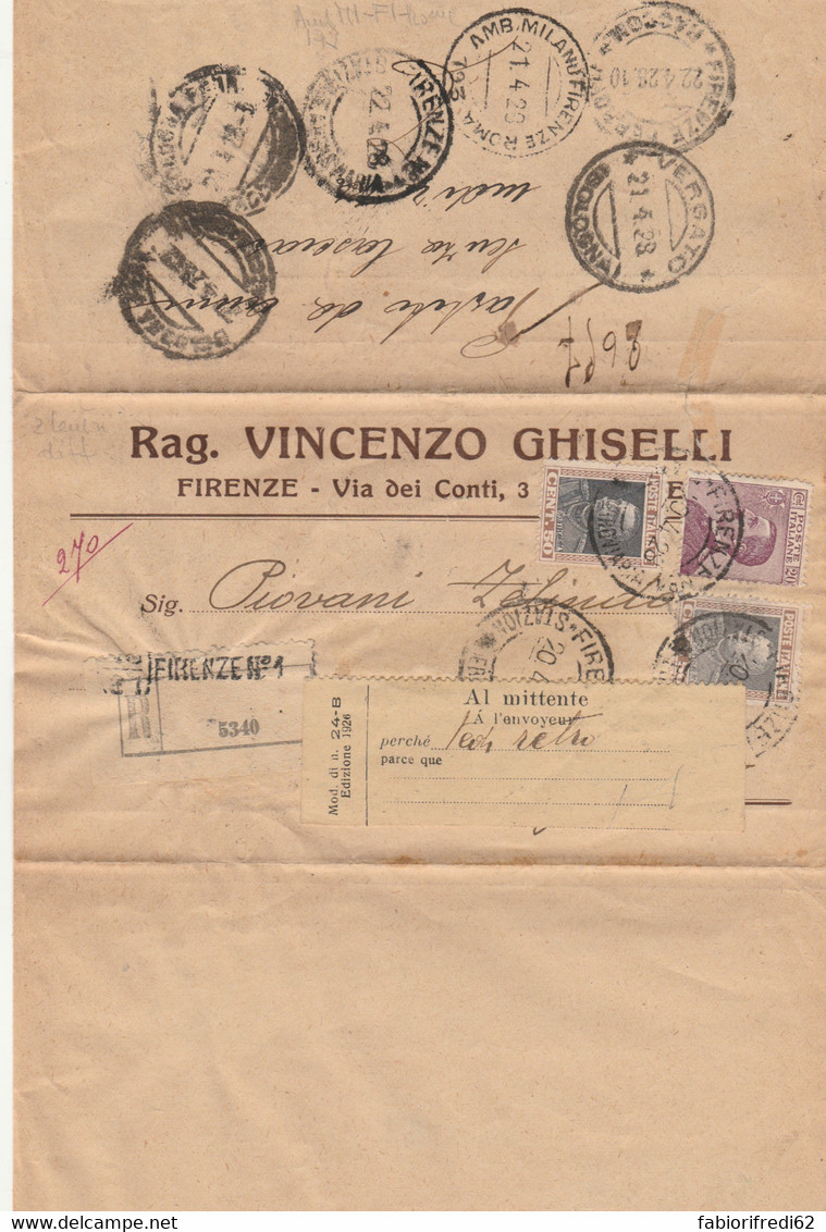 RACCOMANDATA 1928 2X50+20 C. TIMBRO AMBULANTE MILANO FIRENZE ROMA -VERGATO-FIRENZE (HC829 - Marcophilia