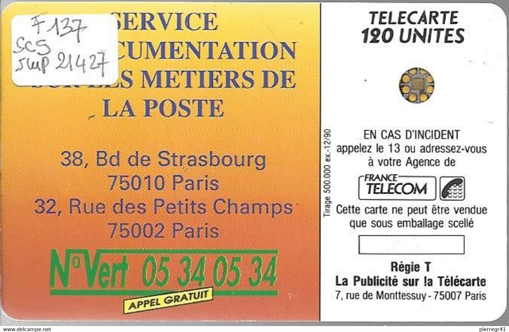 CARTE-PUBLIC-F-137B-1990-120U-SC5 An-Trou 6-LA POSTE-Ile De France-5 Impact 21427-UTILIS EE-  TBE- - 1990