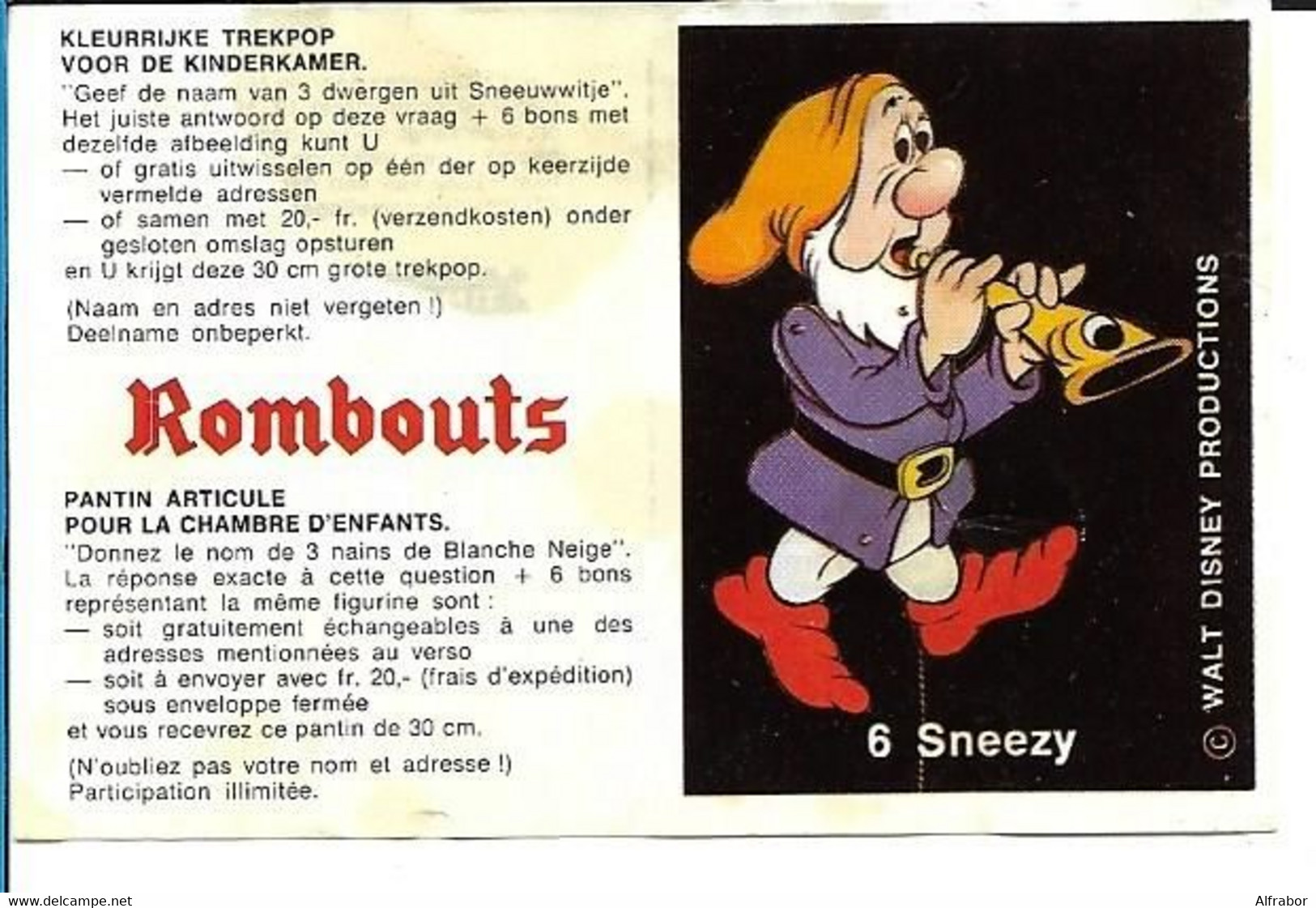 Bon Rombouts Sneezy / Atchoum Pour Pantin Articulé "Blanche-Neige Et Les 7 Nains" + 2 Points HISTORIA Walt Disney 70's - Artis Historia