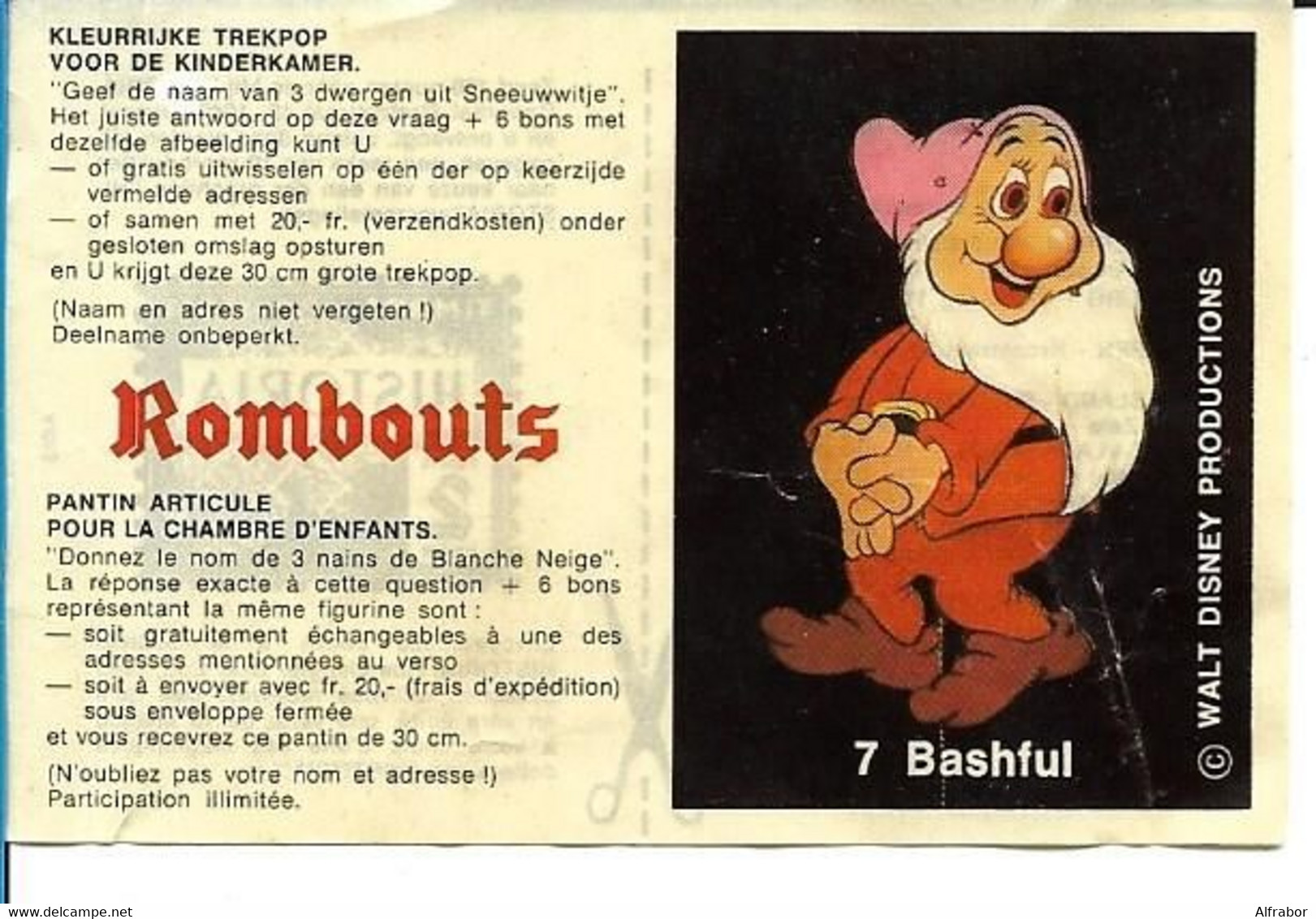 Bon Rombouts Bashful / Timide Pour Pantin Articulé "Blanche-Neige Et Les 7 Nains" + 2 Points HISTORIA Walt Disney 70's - Artis Historia