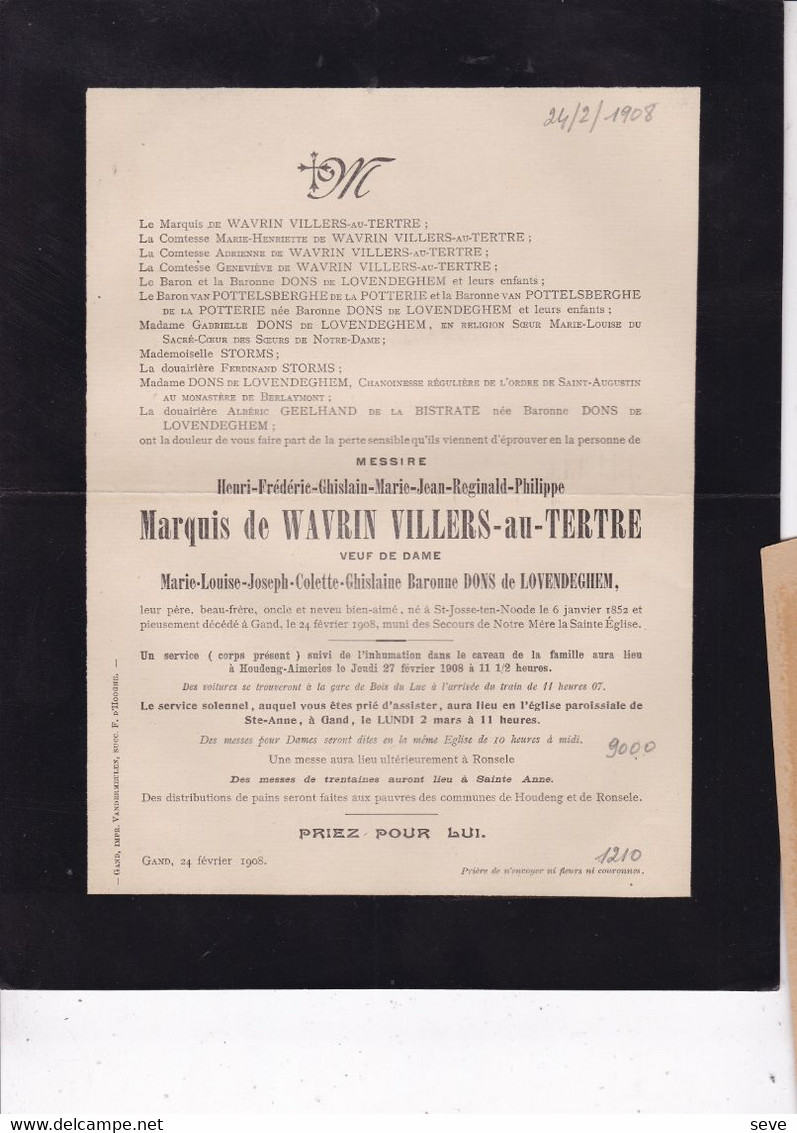 HOUDENG-AIMERIES GAND Marquis De WAVRIN VILLERS-au-TERTRE Henri Veuf DONS 1852-1908 RONSELE - Todesanzeige