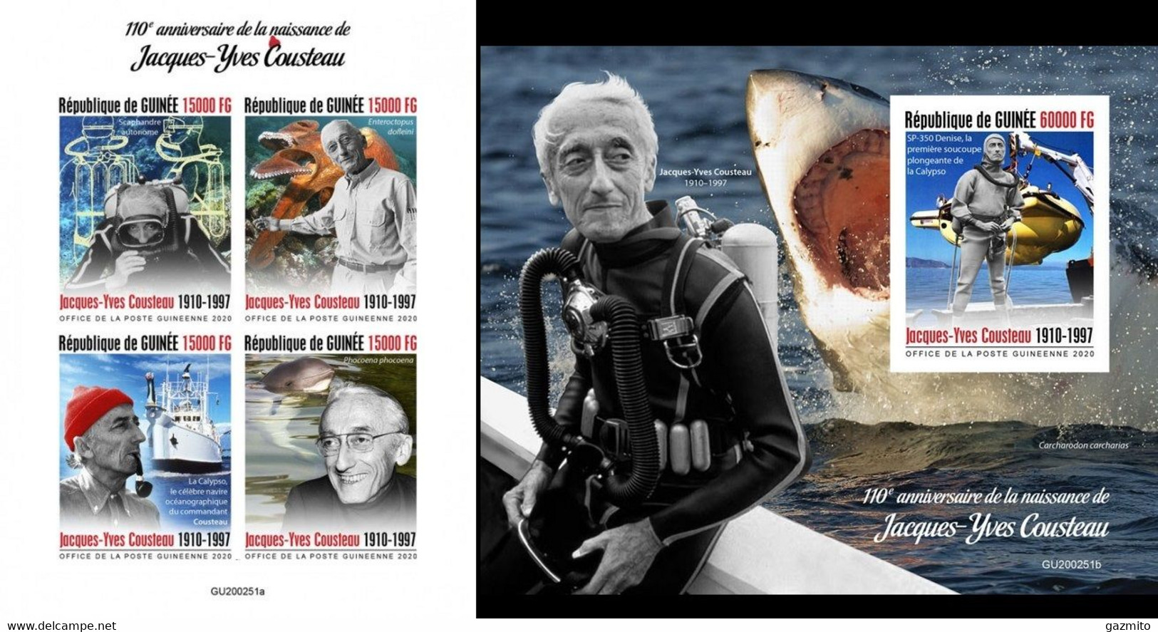 Guinea 2020, J. Cousteau, Diving, Fish, 4val In BF +BF IMPERFORATED - Immersione