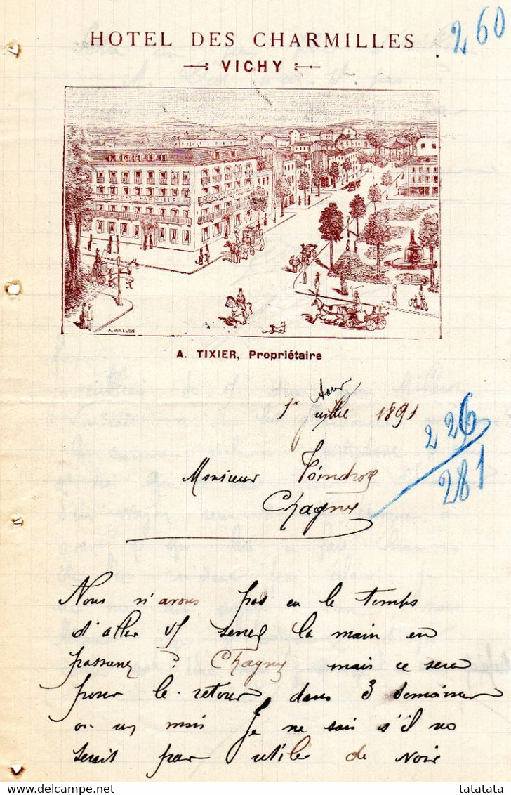 Facture Lettre De 1891 HOTEL DES CHARMILLES VICHY A. TIXIER Propriétaire - 1800 – 1899