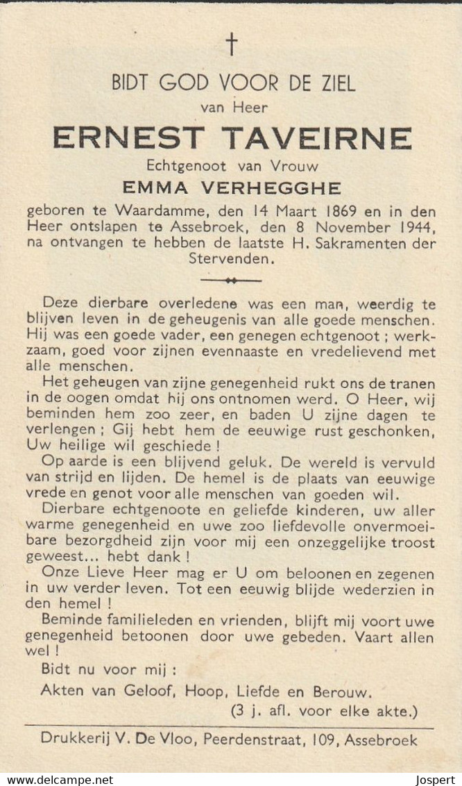 Waardamme, Assebroek, Ernest Taveirne, Verhegghe,  1944 - Devotieprenten