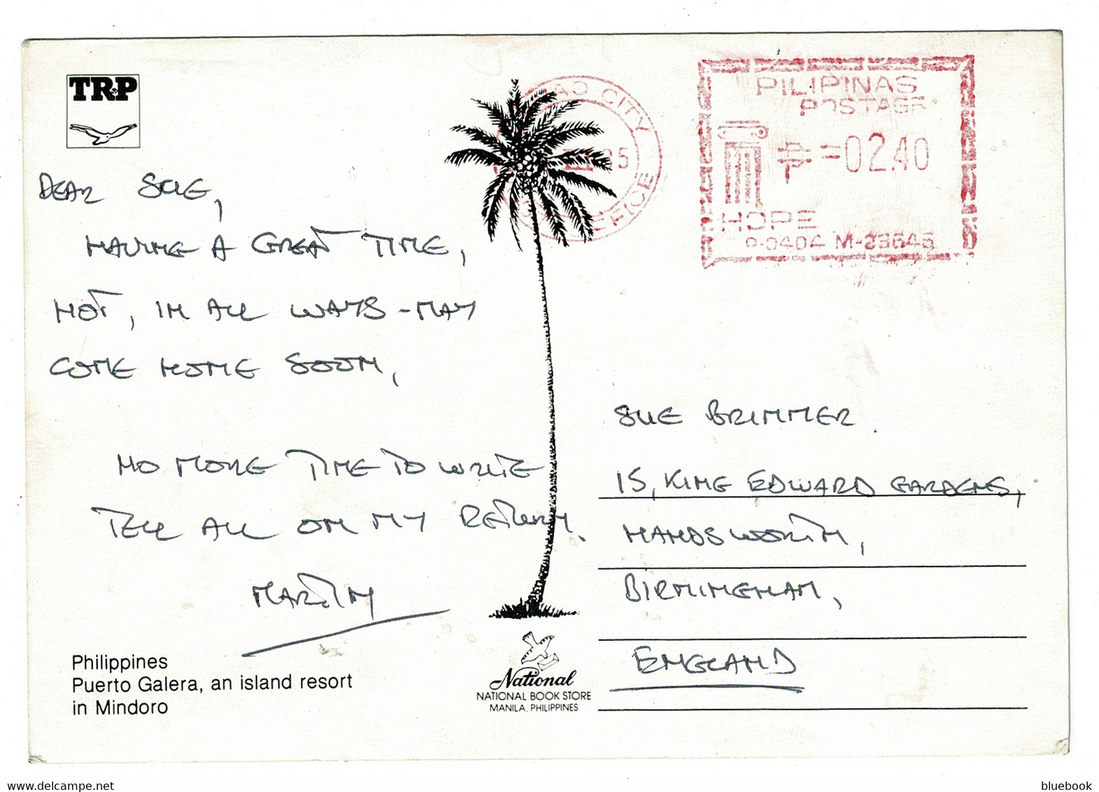 Ref 1468 - 1985 Postcard - Puerto Galera Mindoro Philippines - Meter Mark To Birmingham UK - Filippine