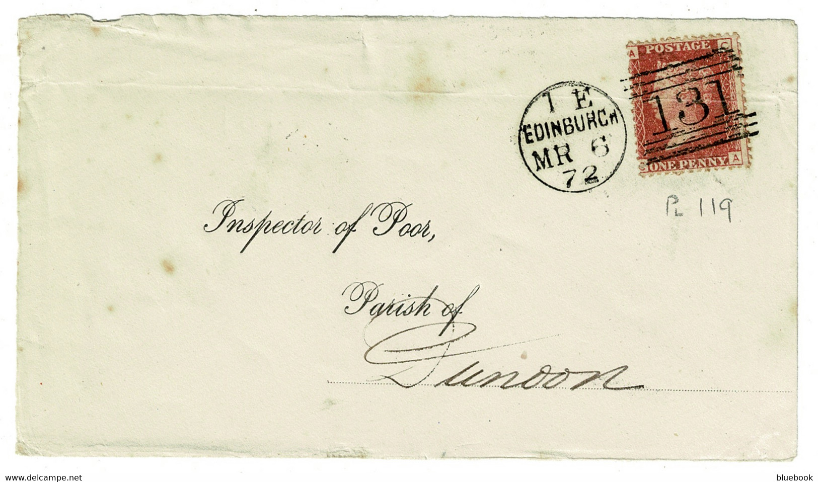 Ref 1469 - Scotland 1872 - !d Plate 119 Cover - Edinburgh To Inspector Of Poor Dunoon - Super Postmark - Lettres & Documents
