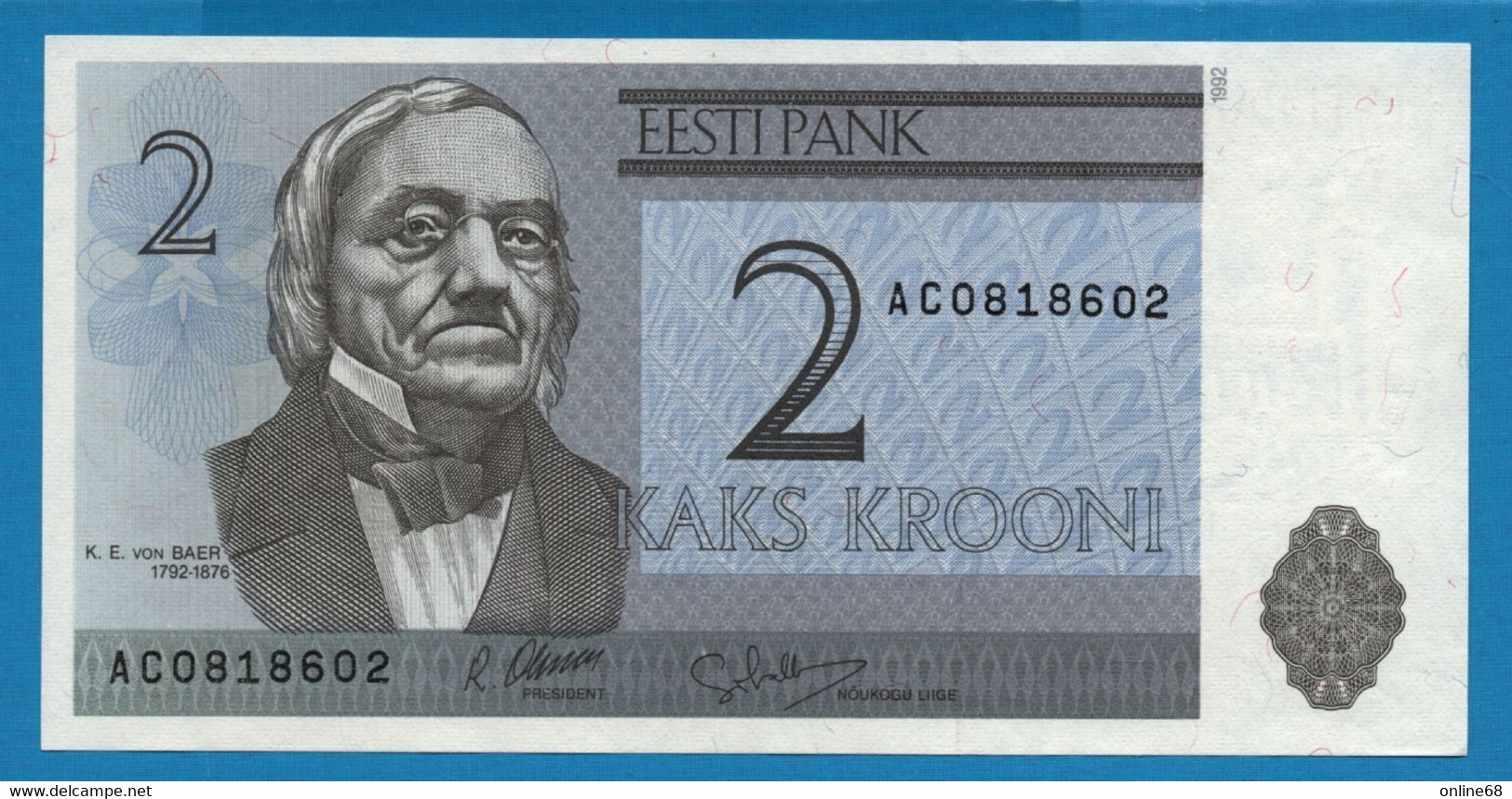 ESTONIA 2 Krooni 1992 # AC0818602 P# 70 Karl Ernst Von Baer - Estonie