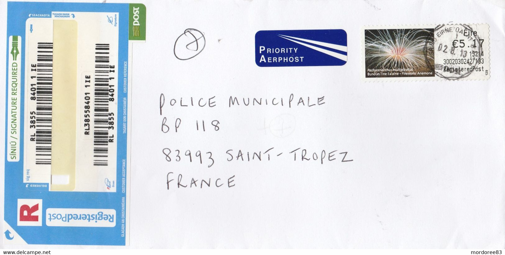 EIRE - IRLANDE REGISTERED COVER FROM FRANCE SAINT TROPEZ 2013 - Brieven En Documenten