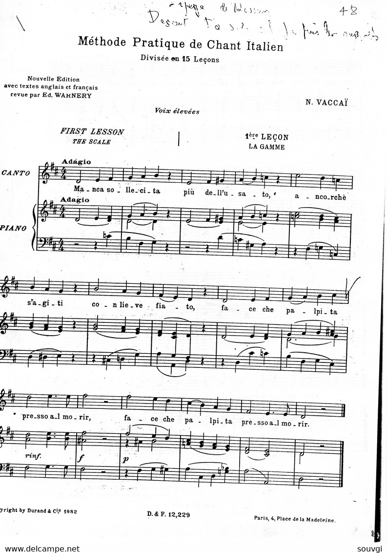 VACCAI N.  / Méthode Pratique De Chant Italien  - 1ére, 2ème, 3ème Leçon Et Le Mordant De Différentes Manières / - Unterrichtswerke