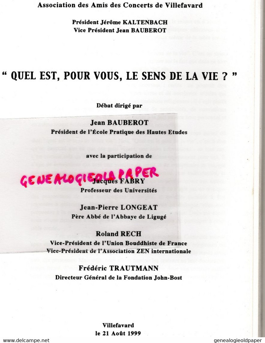 87- VILLEFAVARD- ASSOCIATION AMIS DES CONCERTS-1999-JEROME KALTENBACH-JEAN BAUBEROT-JACQUES FABRY-LONGEAT LIGUGE -RECH - Limousin