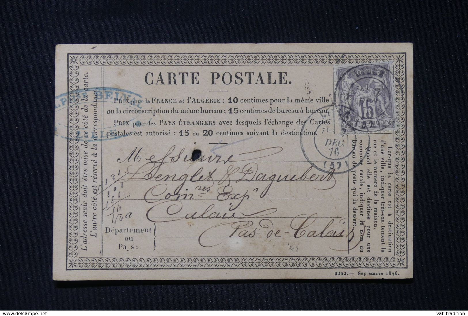 FRANCE - Carte Précurseur De Lille Pour Calais En 1876, Affranchissement Sage 15ct - L 88958 - Vorläufer