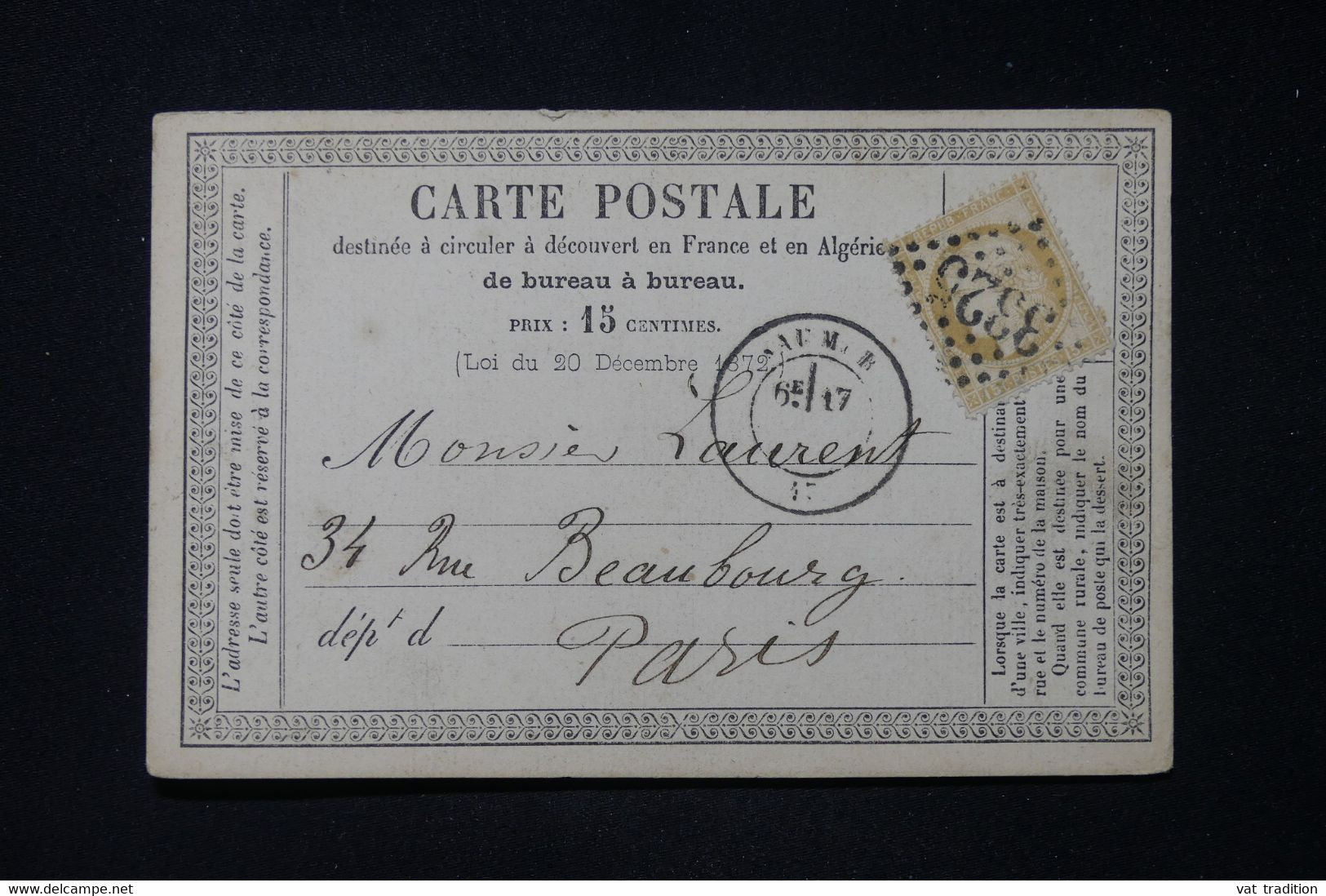 FRANCE - Carte Précurseur De Saumur Pour Paris, Affranchissement Cérès 15ct, GC 3325 - L 88968 - Vorläufer