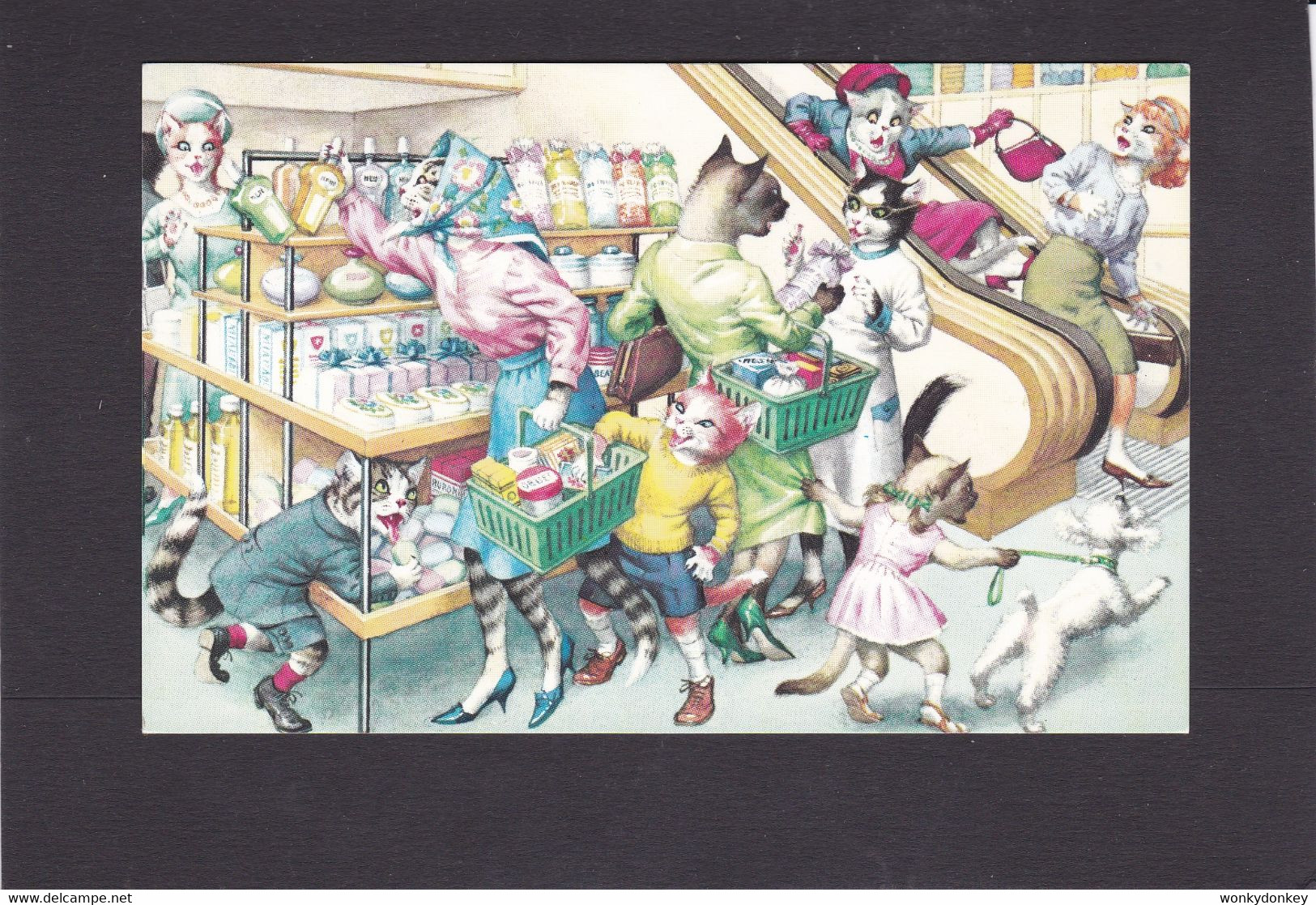 Anthropomorphic Cat Card  -    Cats Out Shopping. - Gatos