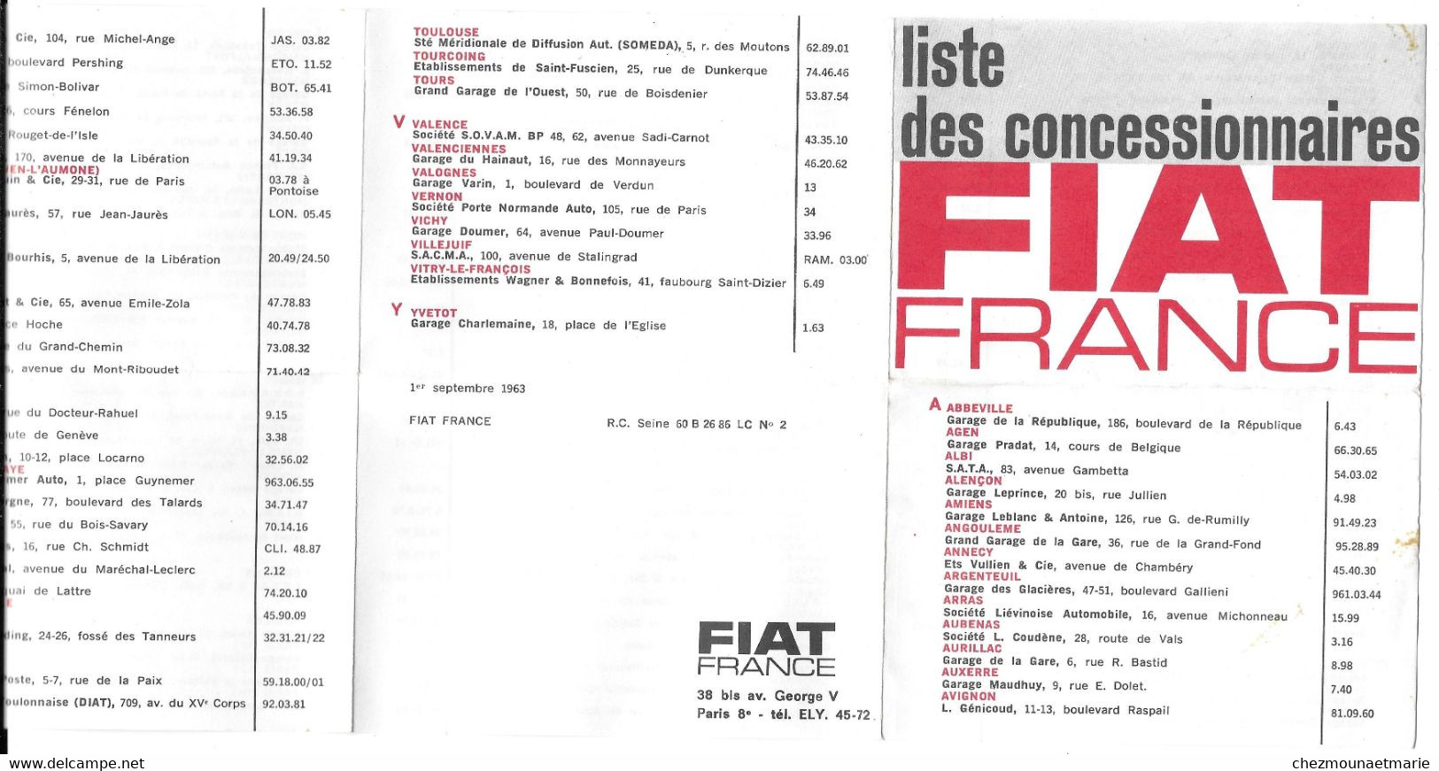 1963 FIAT - LISTE DES CONCESSIONNAIRES FRANCE - Voitures