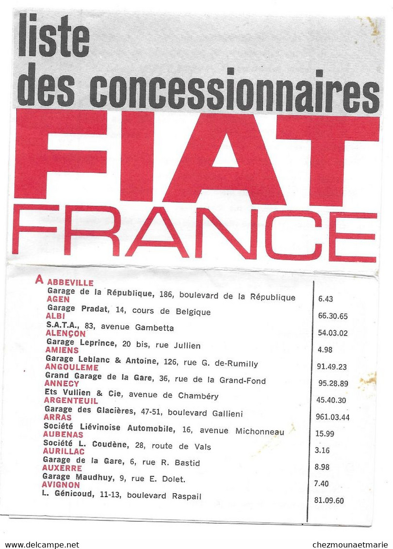 1963 FIAT - LISTE DES CONCESSIONNAIRES FRANCE - Voitures