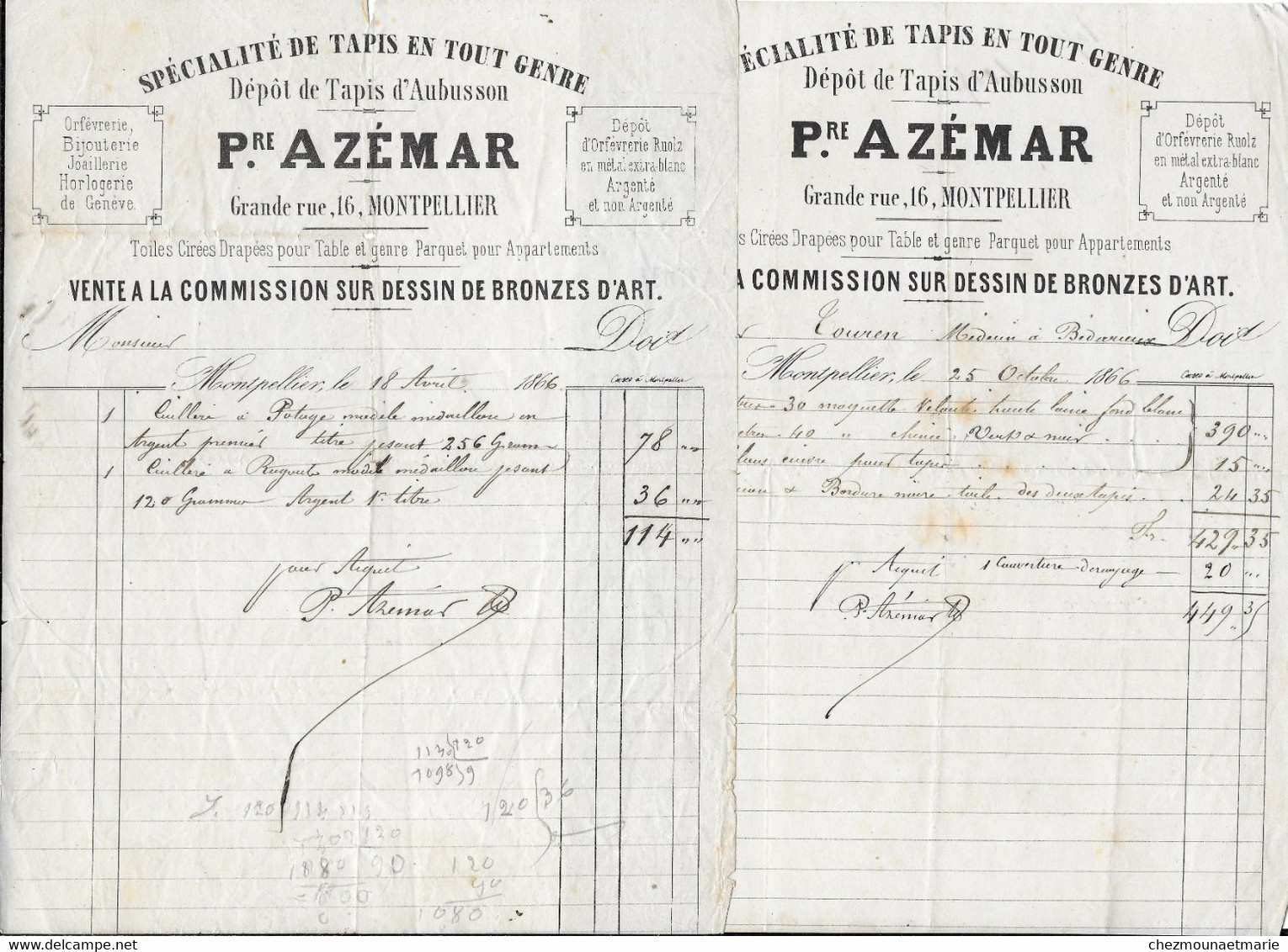 1866 MONTPELLIER - PIERRE AZEMAR DEPOT DE TAPIS D AUBUSSON - 16 GRANDE RUE - LOT DE 2 FACTURES - Advertising