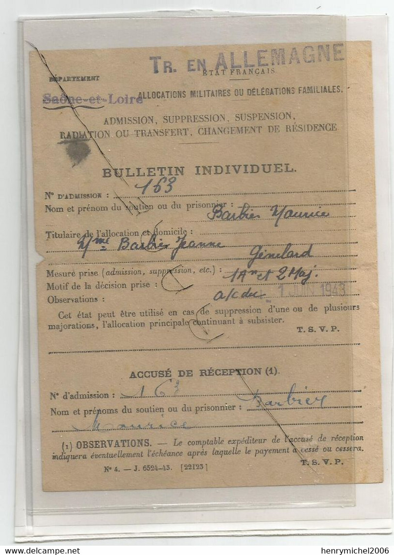 Militaria Papier état Français 1943 Cachet Travailleur Tr. En Allemagne Bulletin Individuel De Saone Et Loire 71 - 1939-45
