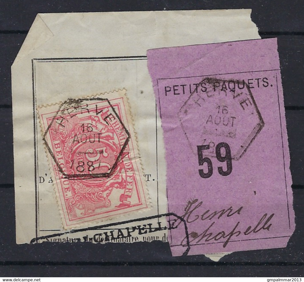 SP 11 / TR 11 Op Fragment Met Etiquette PETITS PAQUETS : Nr. 59 HEXAGONALE Stempel HERVE > HENRI CHAPELLE ! LOT 269 - Documenti & Frammenti