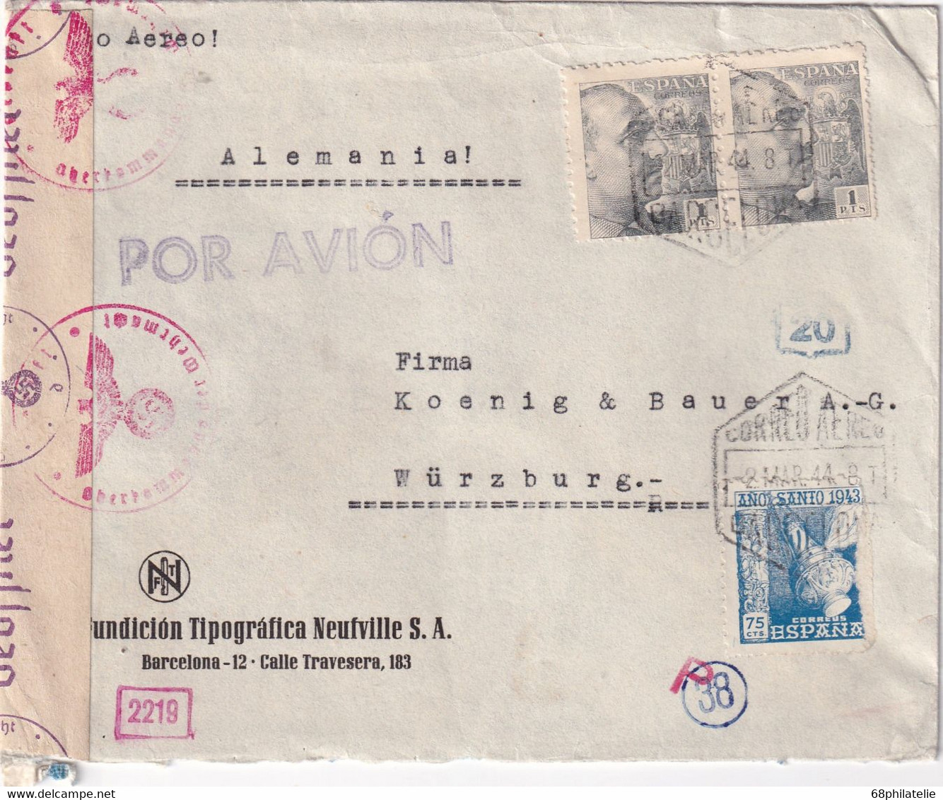 ESPAGNE 1944 PLI AERIEN  CENSURE DE BARCELONA - Storia Postale