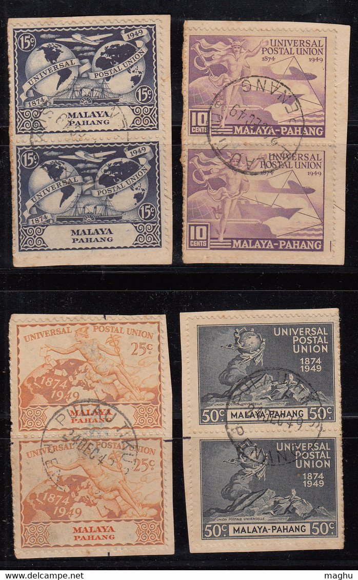 Pahang Used Pair On Piece 1949, Set Of 4, UPU. U.P.U. Universal Postal Union, Malaysia / Malaya - Pahang