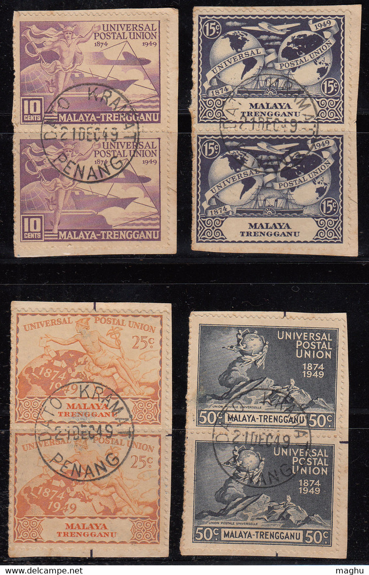 Trengganu Used Pair On Piece 1949, Set Of 4, UPU. U.P.U. Universal Postal Union, Malaysia / Malaya - Trengganu