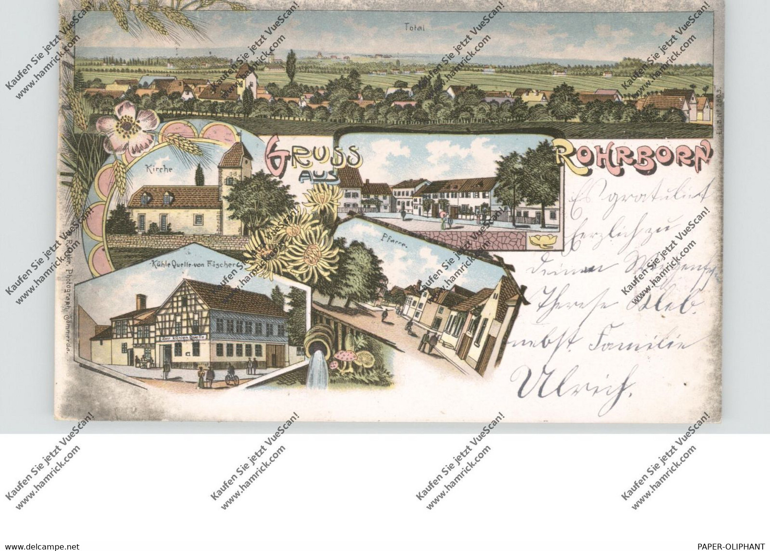 0-5230 SÖMMERDA - ROHRBORN, Lithographie, Gaststätte Kühle Quelle, Kirche, Pfarre, Marktplatz, Dorfansicht - Soemmerda