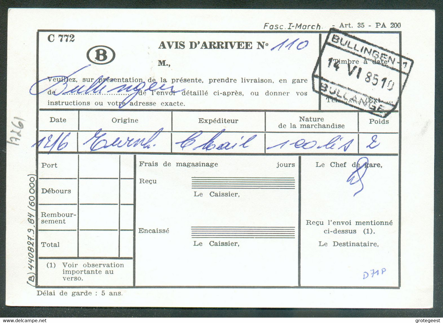 2Fr. Lion + Service 10Fr. Elstroem Obl. Sc BULLINGEN - BULLANGE (canton De L'Est) Sur Carte De Service SNCB Du 14-6-1985 - Andere & Zonder Classificatie