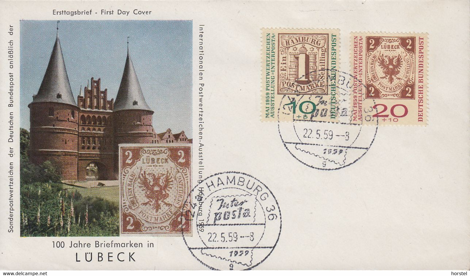 Deutschland - Mi.310+311 FDC Internationale Postwertzeichenausstellung Interposta  HAMBURG 22.05.1959 - Lübeck - 1948-1960