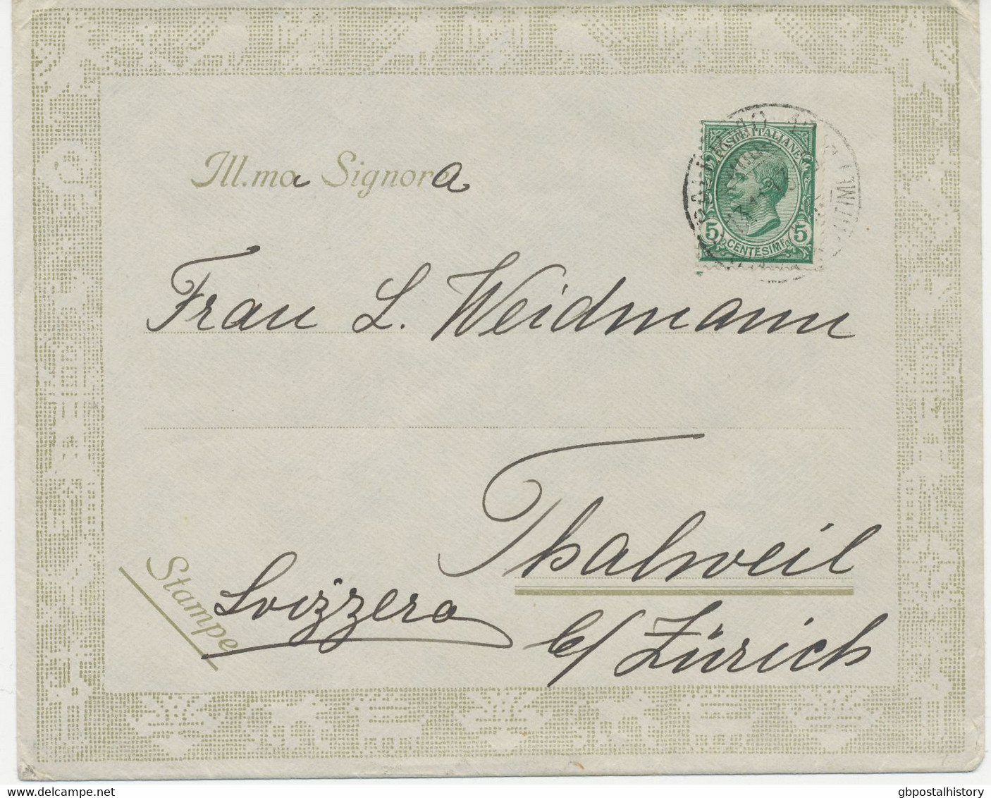 ITALIEN 1913, 5 Cmi. EF Dekorativer Kab.-Firmenzierbrief Von PALERMO N. THALWIL - Publicité